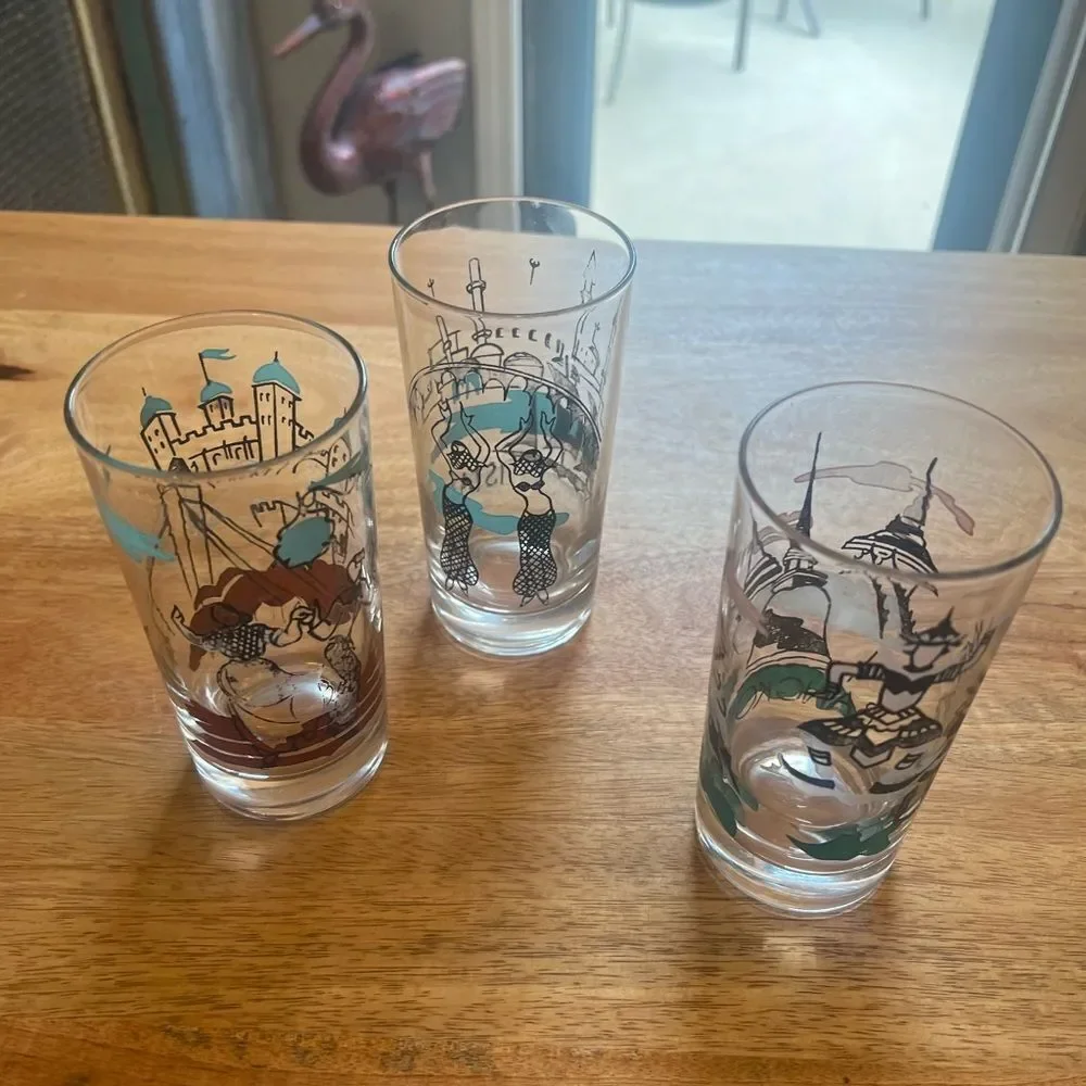 Set of three vintage bar ware glasses. London Istanbul and Bangkok.
